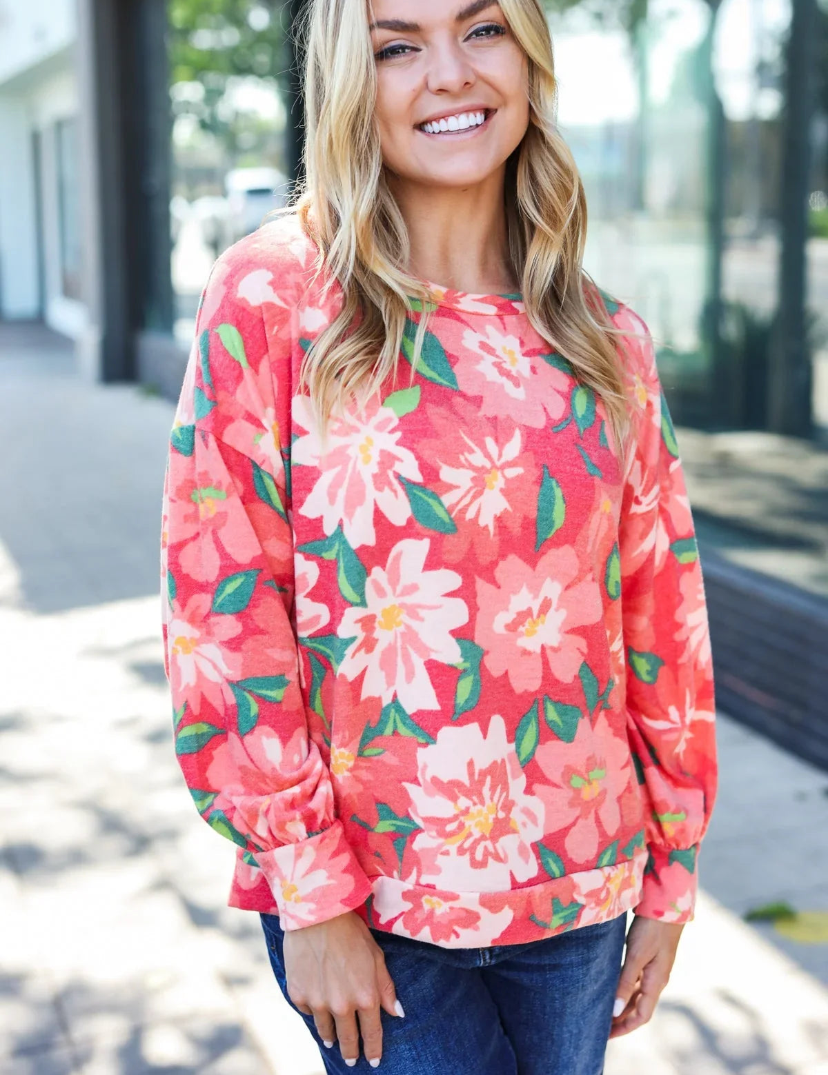 Feeling Femme Red Floral Brushed Hacci Sweater Top | Daverri Fashions