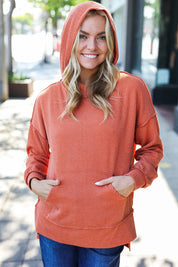 Cozy Days Rust Mineral Wash Rib Knit Hoodie | Daverri Fashions