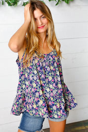 Navy Floral Ruffle Hem Sleeveless Top | Daverri Fashions