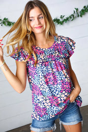 Navy Floral Print Frilled Short Sleeve Yoke Top | Daverri Fashions