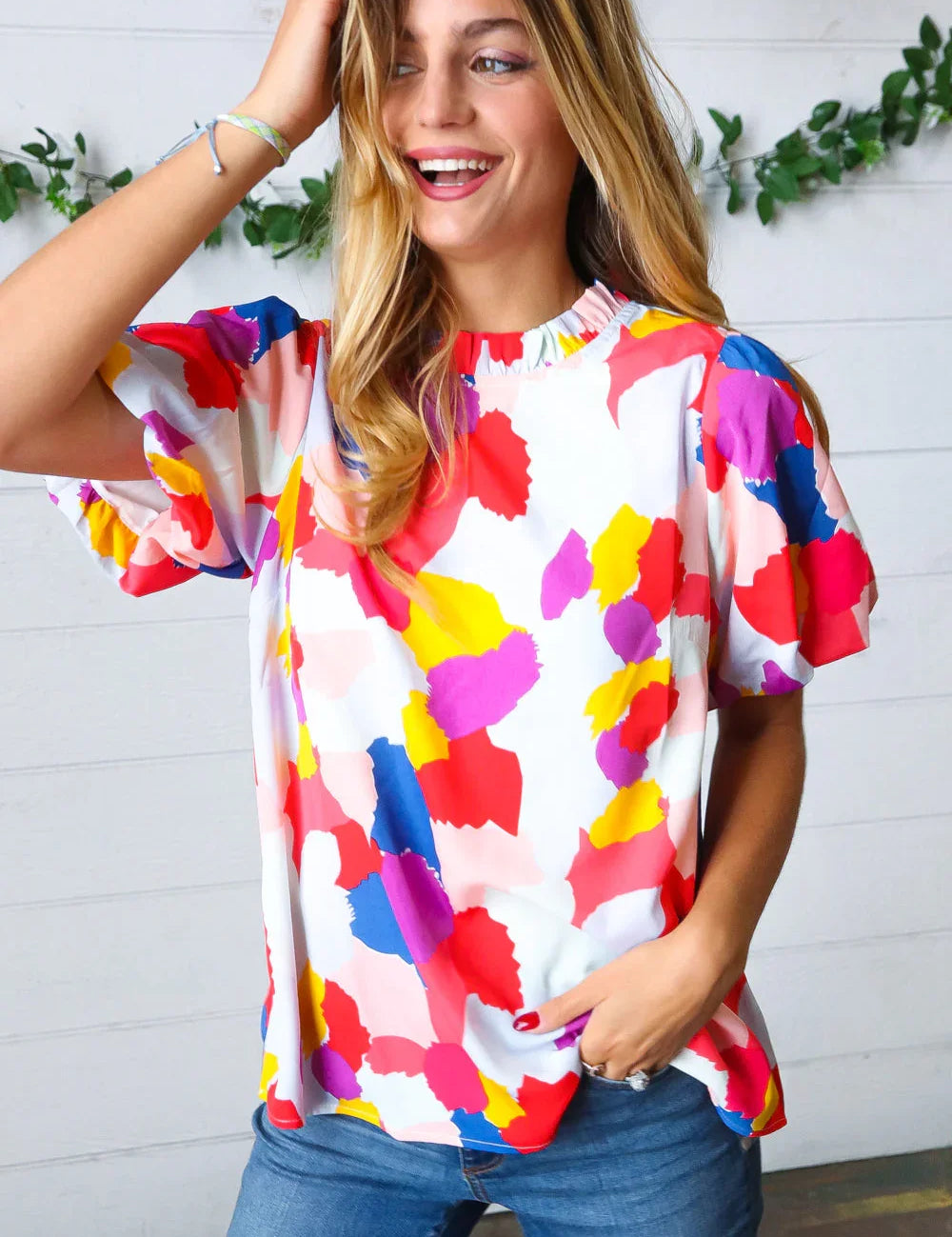 Multicolor Print Frilled Mock Neck Puff Sleeve Top | Daverri Fashions
