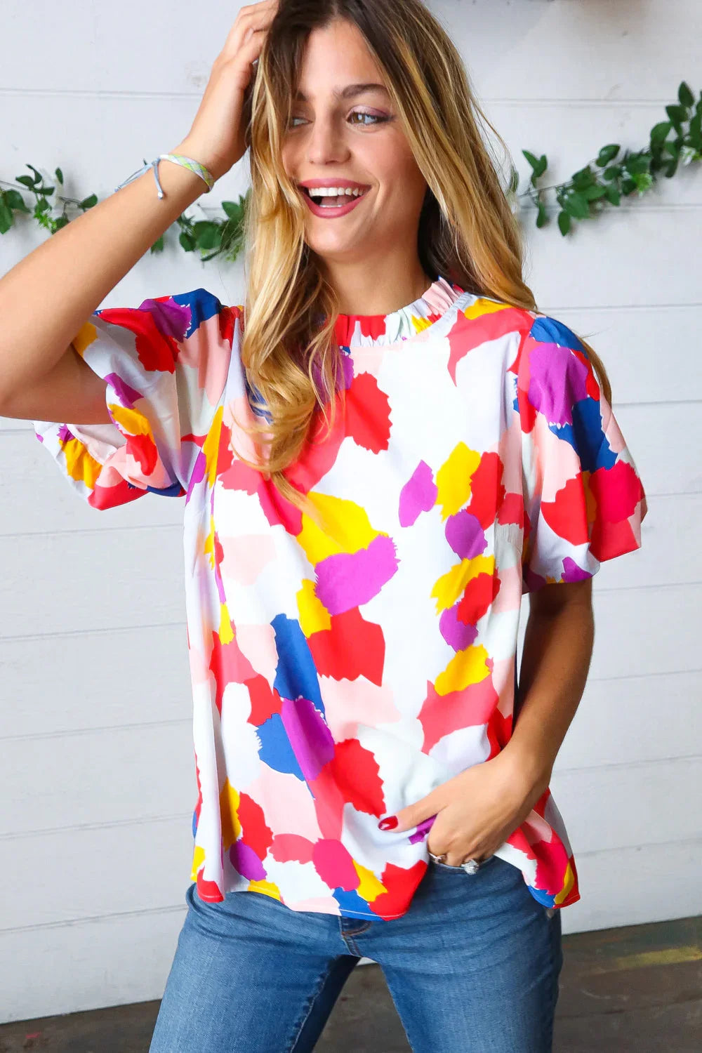 Multicolor Print Frilled Mock Neck Puff Sleeve Top | Daverri Fashions