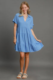 Umgee Full Size Sky Blue Raw Hem Folded Sleeve Tiered Dress | Mini Dresses Daverri Fashions