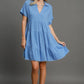 Umgee Full Size Sky Blue Raw Hem Folded Sleeve Tiered Dress Mini Dresses