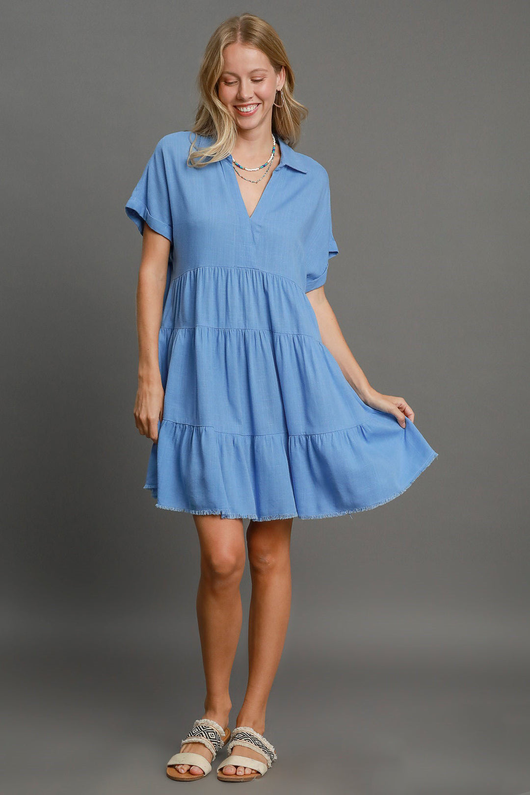 Umgee Full Size Sky Blue Raw Hem Folded Sleeve Tiered Dress Mini Dresses