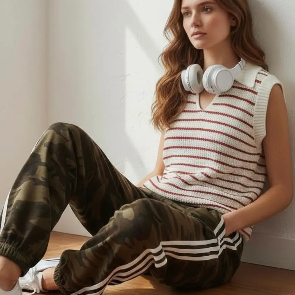 Woman wearing camo track pants and striped sweater vest