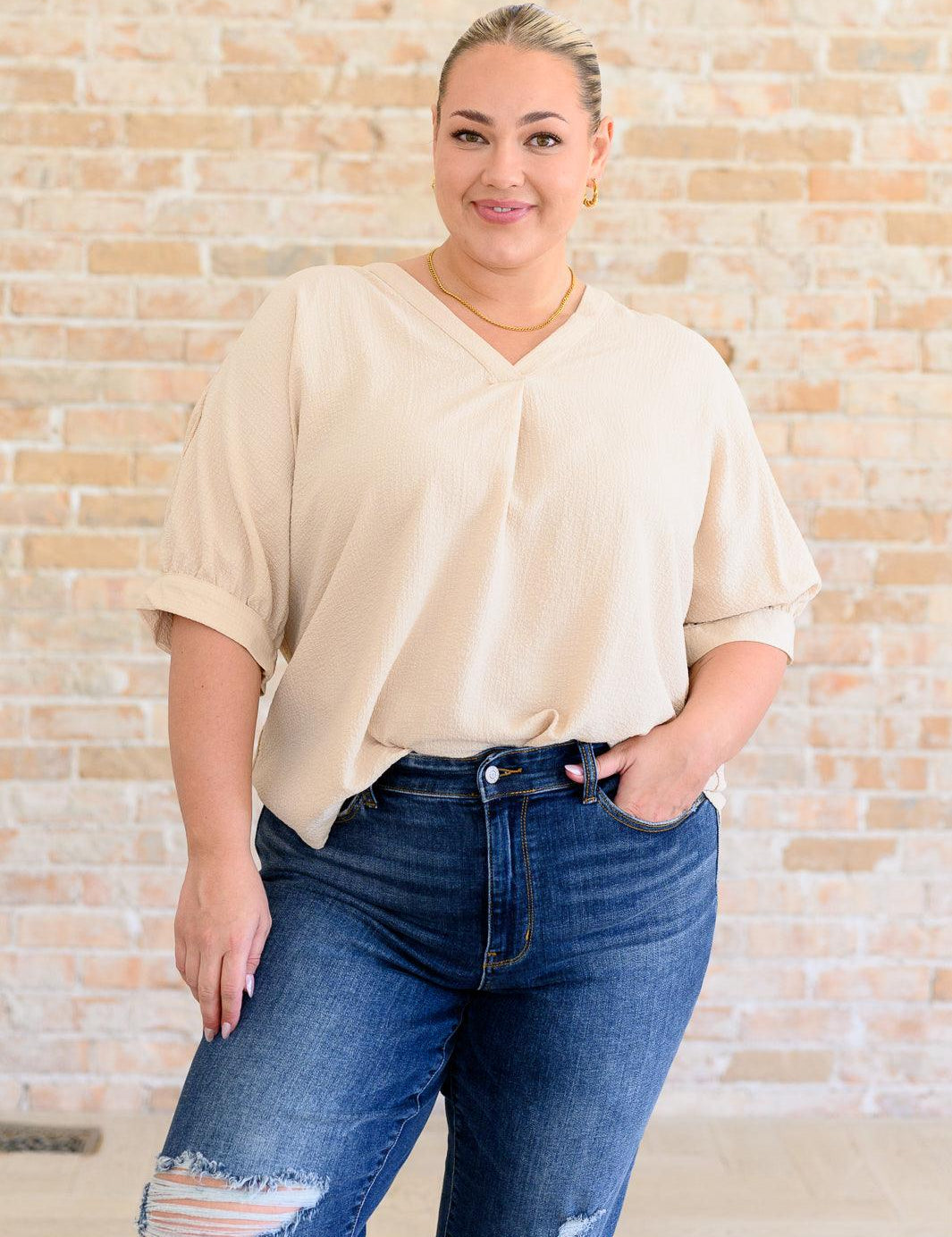 Taupe V-Neck Blouse Tops