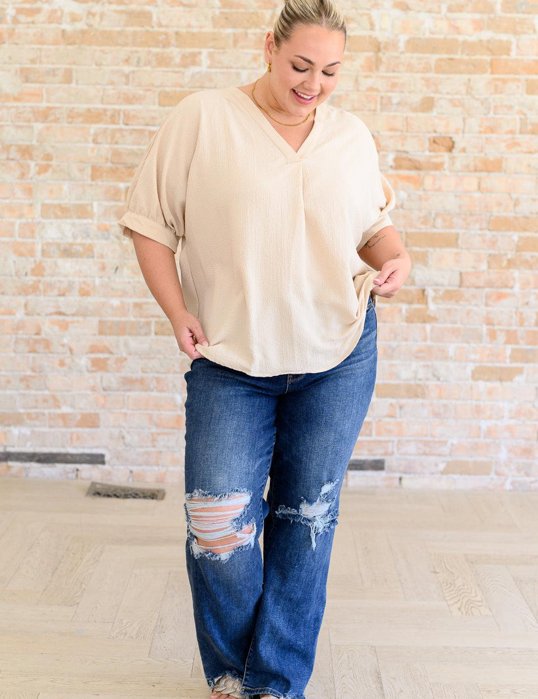 Taupe V-Neck Blouse Tops