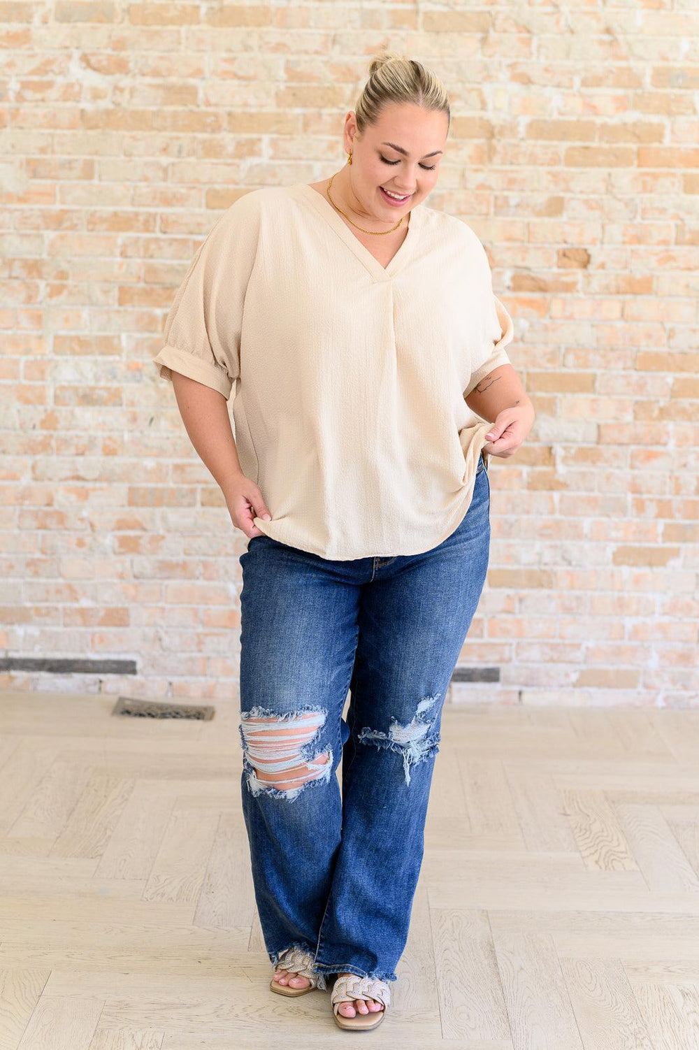 Taupe V-Neck Blouse Blouses