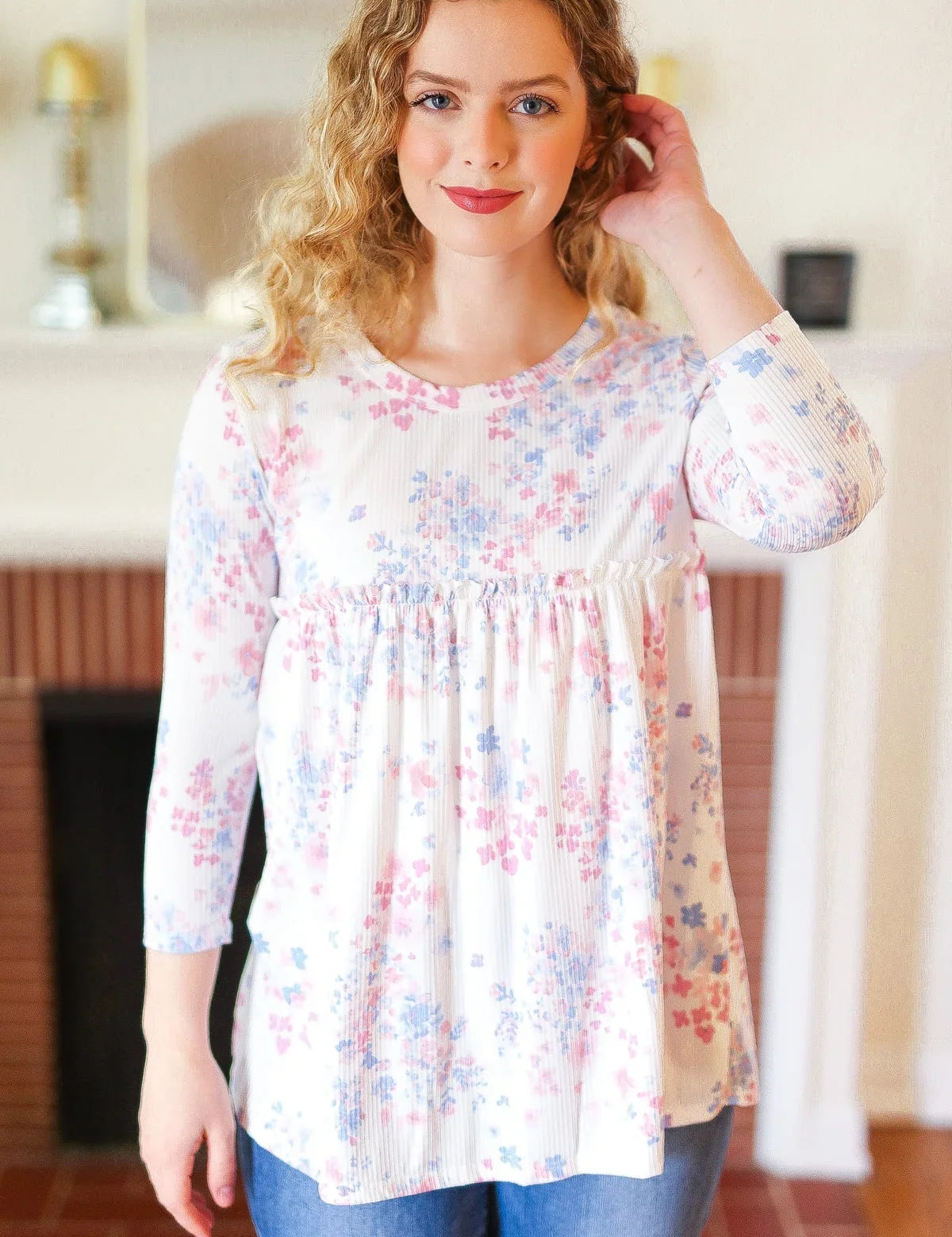 Feeling Fun Blue & Pink Floral Ribbed Babydoll Ruffle Top | Daverri Fashions
