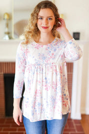Feeling Fun Blue & Pink Floral Ribbed Babydoll Ruffle Top | Daverri Fashions
