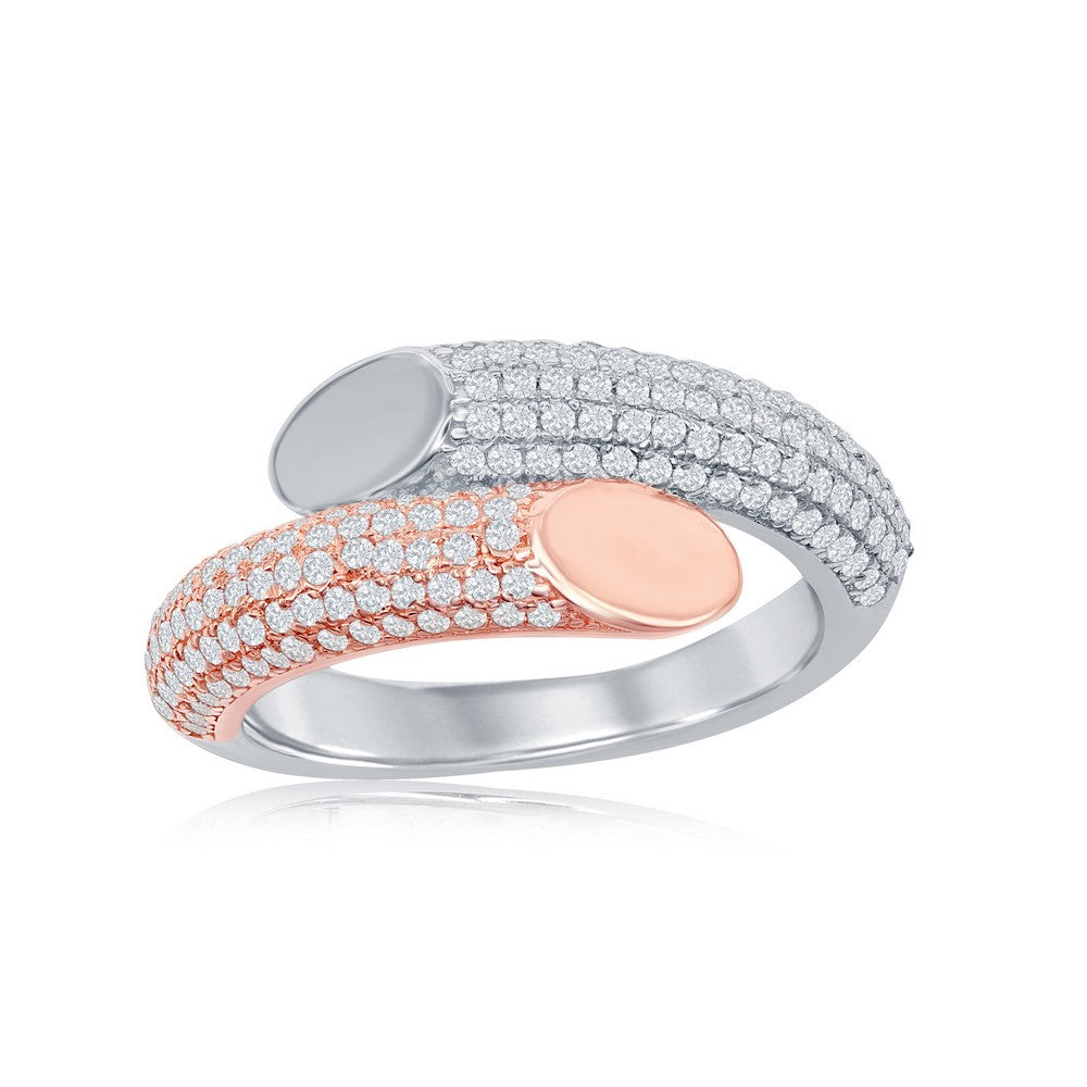 Sterling Silver Two-Tone Rose Gold Plated Micro Pave Bottom Flat Overlapping Ring Rings