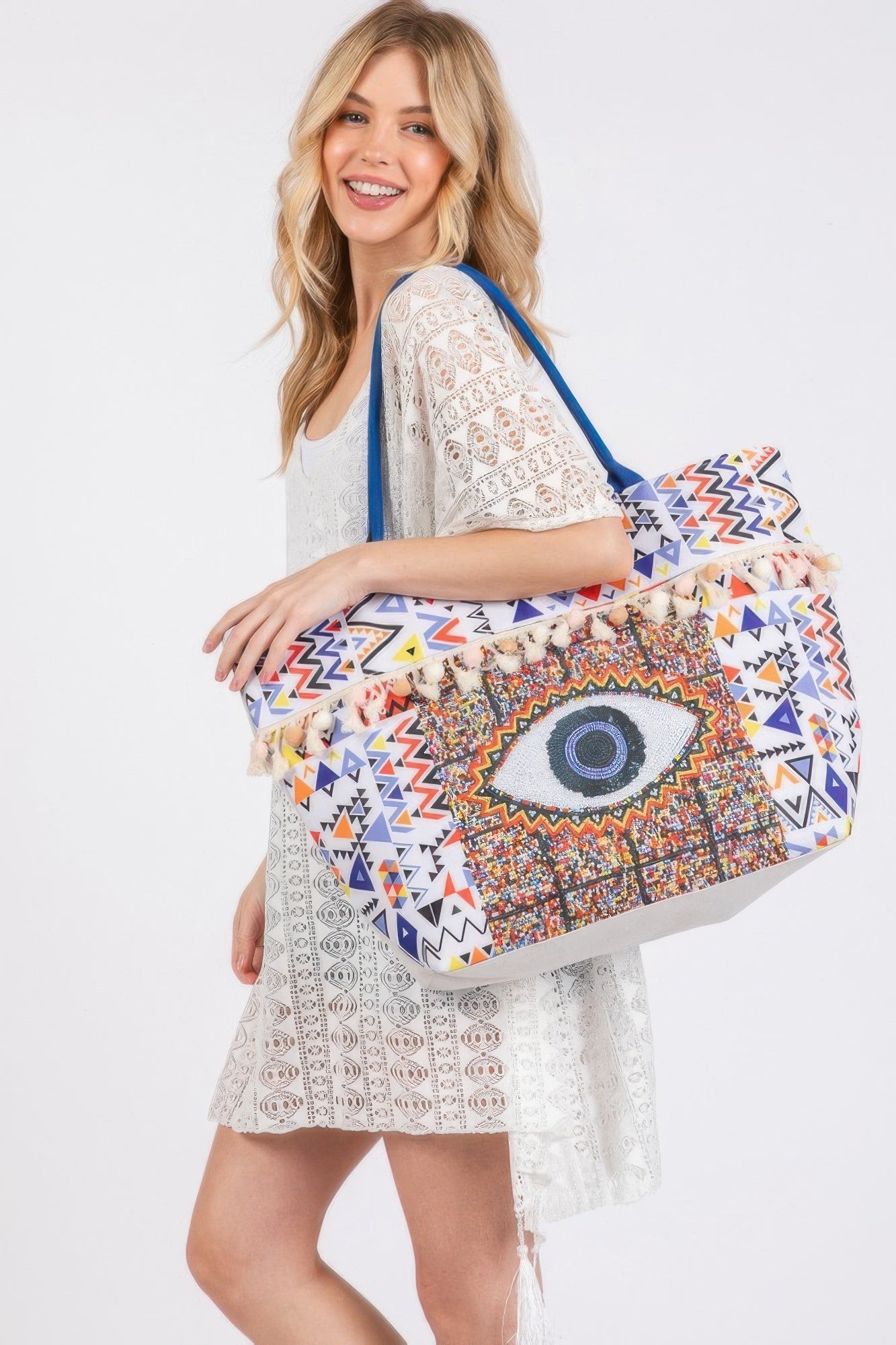 Evil Eye Boho Print Pom Pom Fringe Tote Bag
