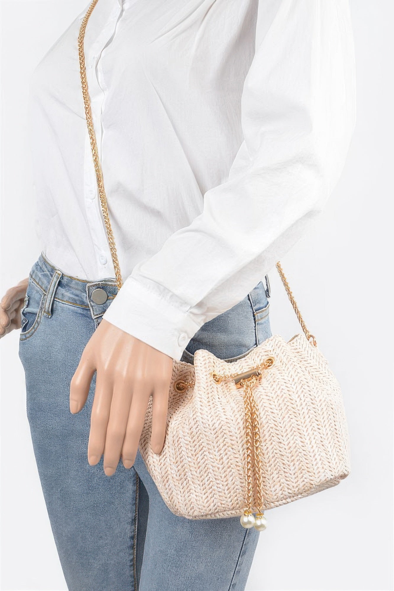 Faux Straw Bucket Crossbody Bag