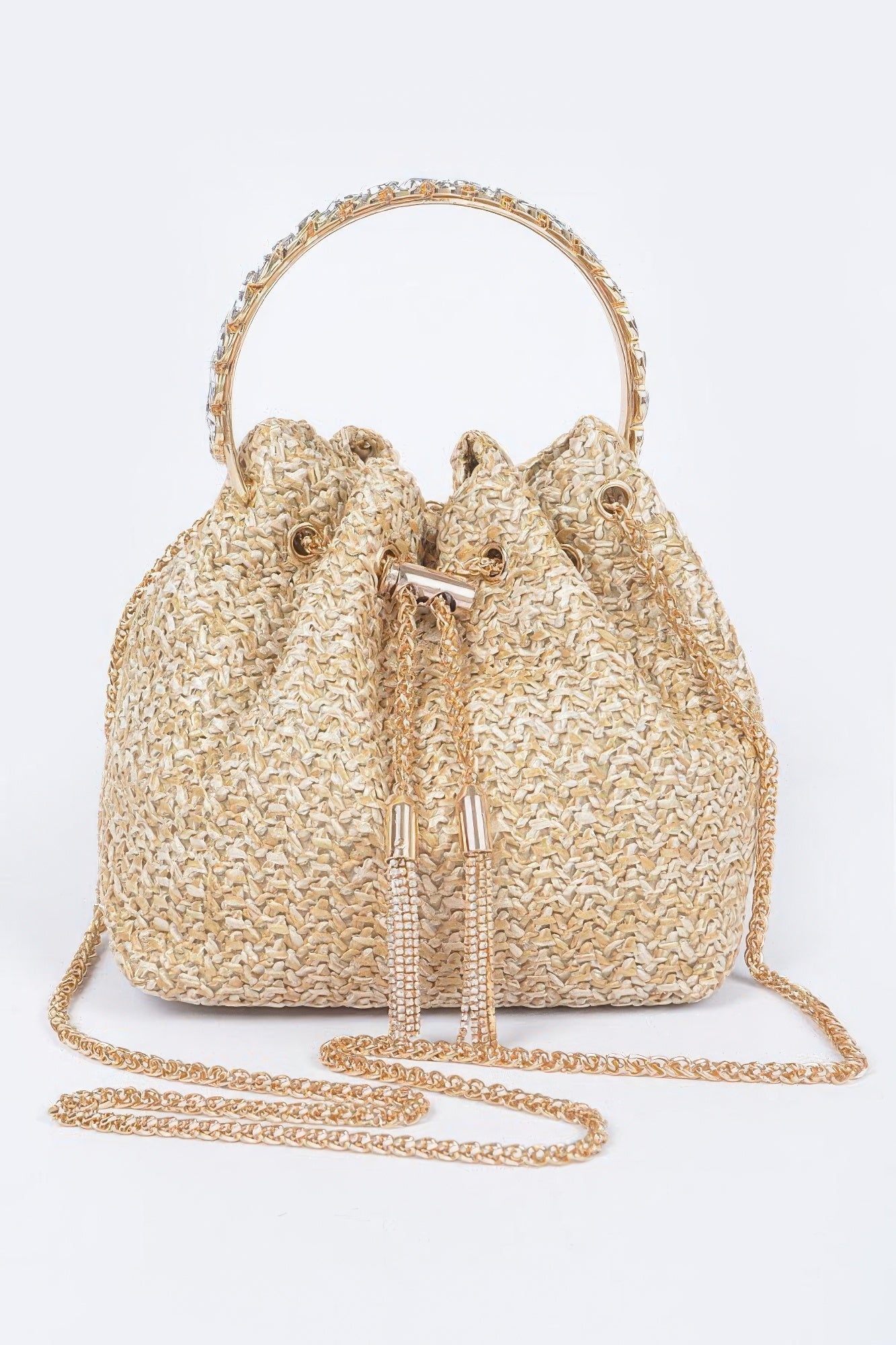 Faux Straw Bucket Bag W/stone Handle Handbags