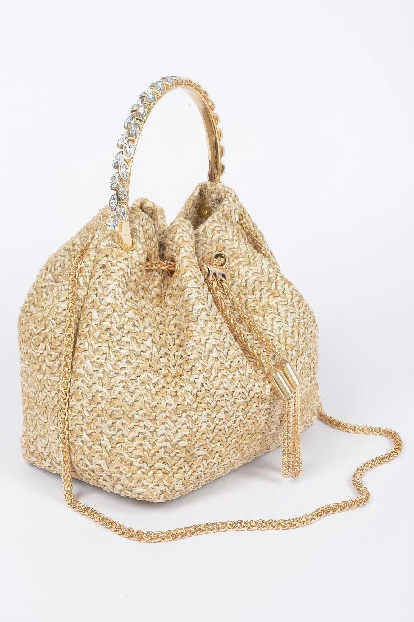 Faux Straw Bucket Bag W/stone Handle - DAVERRI FASHIONS
