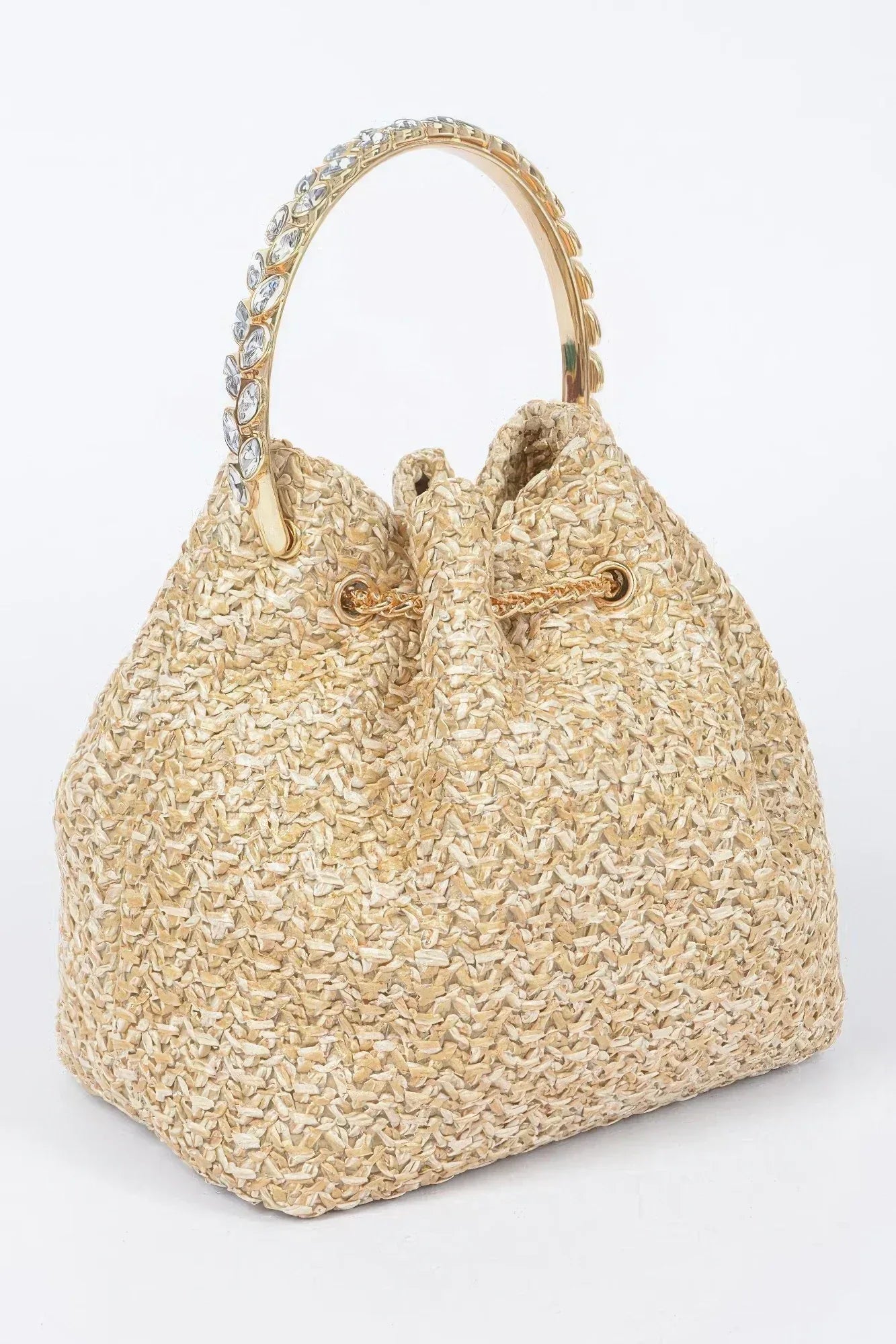 Faux Straw Bucket Bag W/stone Handle - DAVERRI FASHIONS
