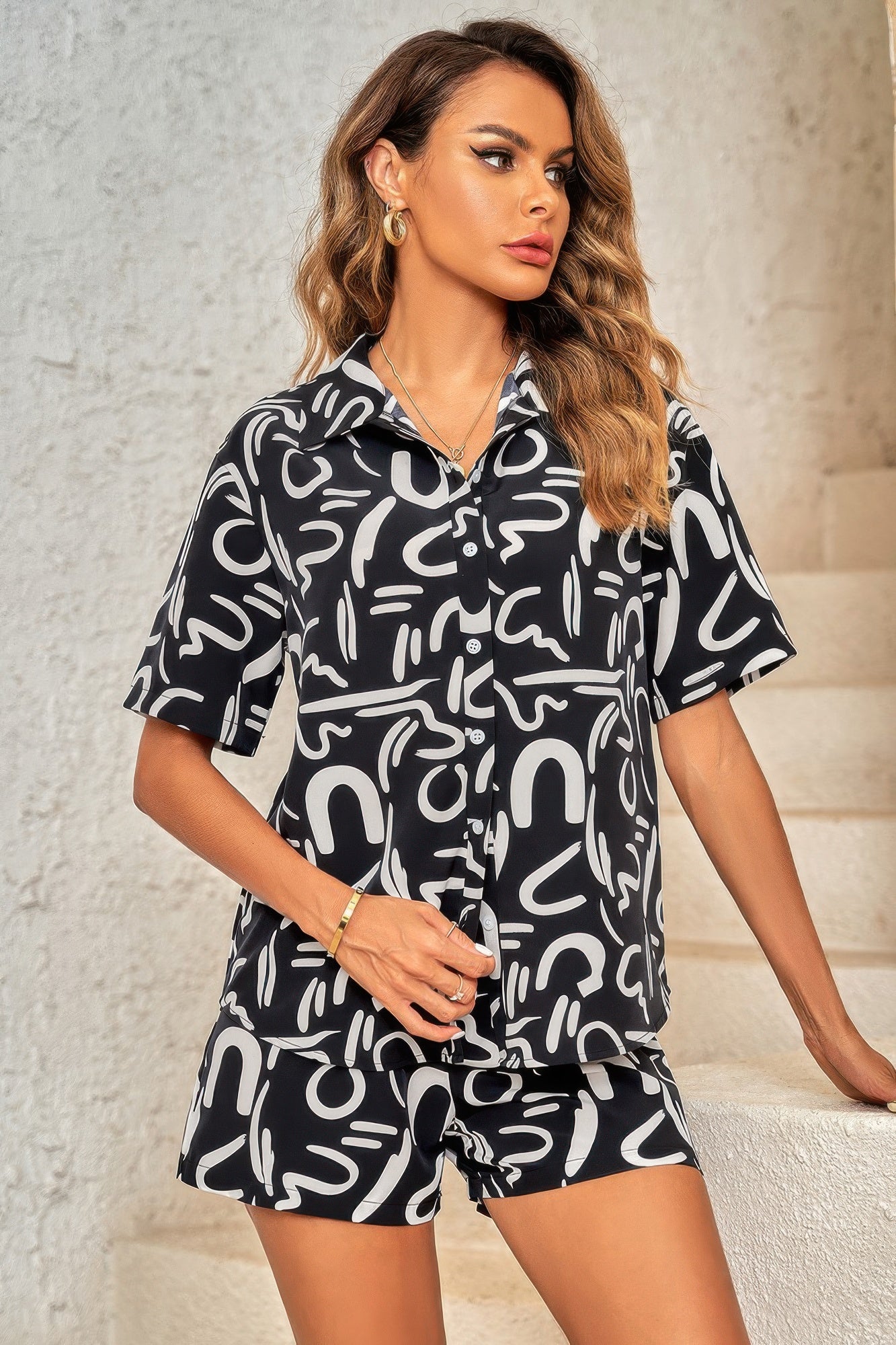 Two Piece Print Top Shorts Set Outfit Sets