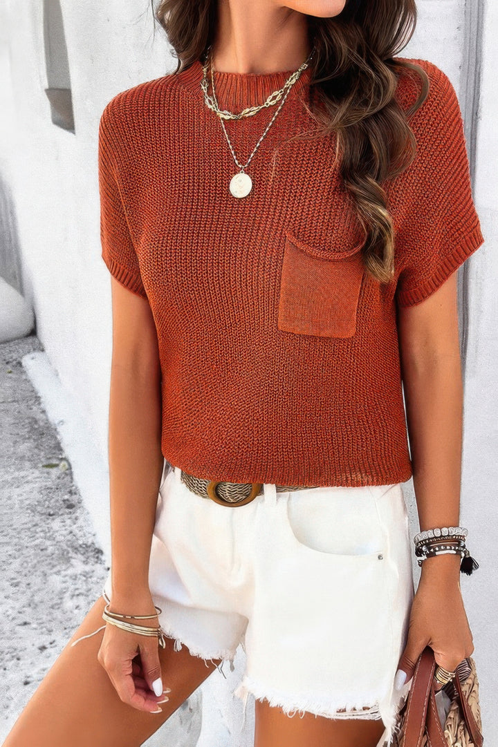 Solid Short Cap Sleeve Ribbed Knit Loose Top Red Sweaters