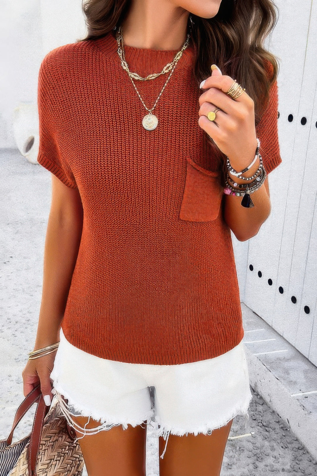 Solid Short Cap Sleeve Ribbed Knit Loose Top Sweaters