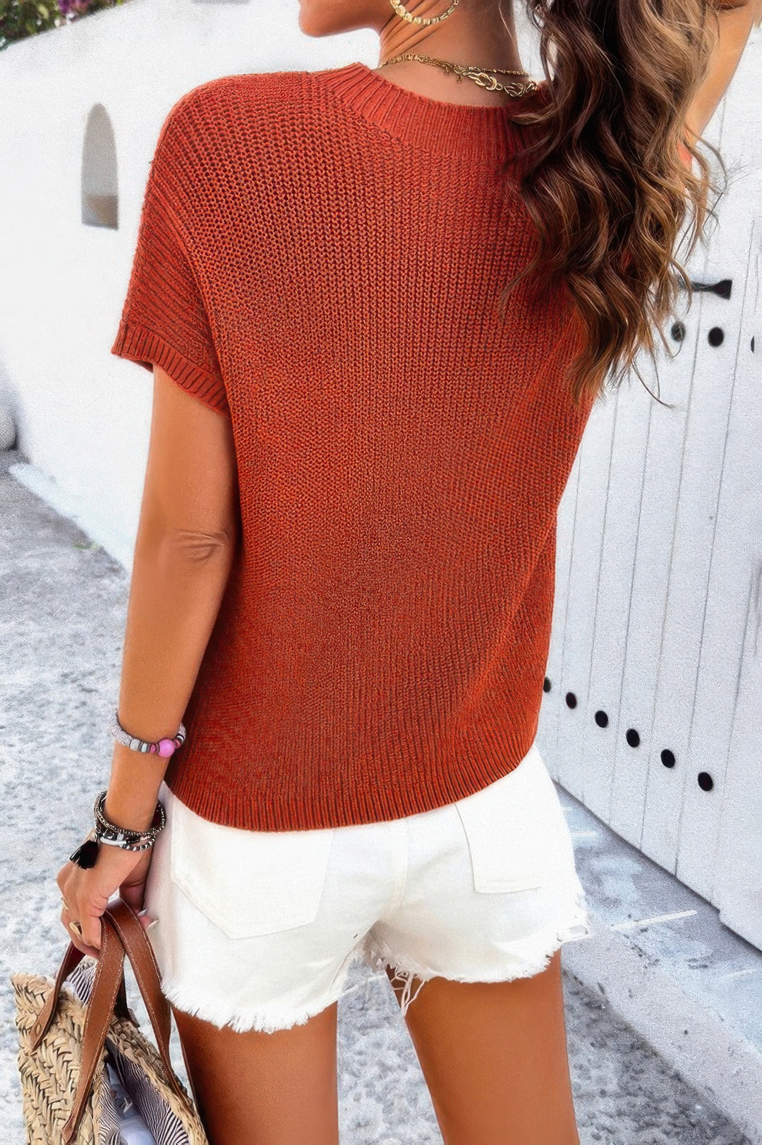 Solid Short Cap Sleeve Ribbed Knit Loose Top Sweaters