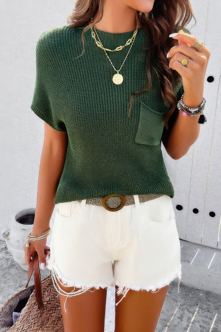 Solid Short Cap Sleeve Ribbed Knit Loose Top Sweaters