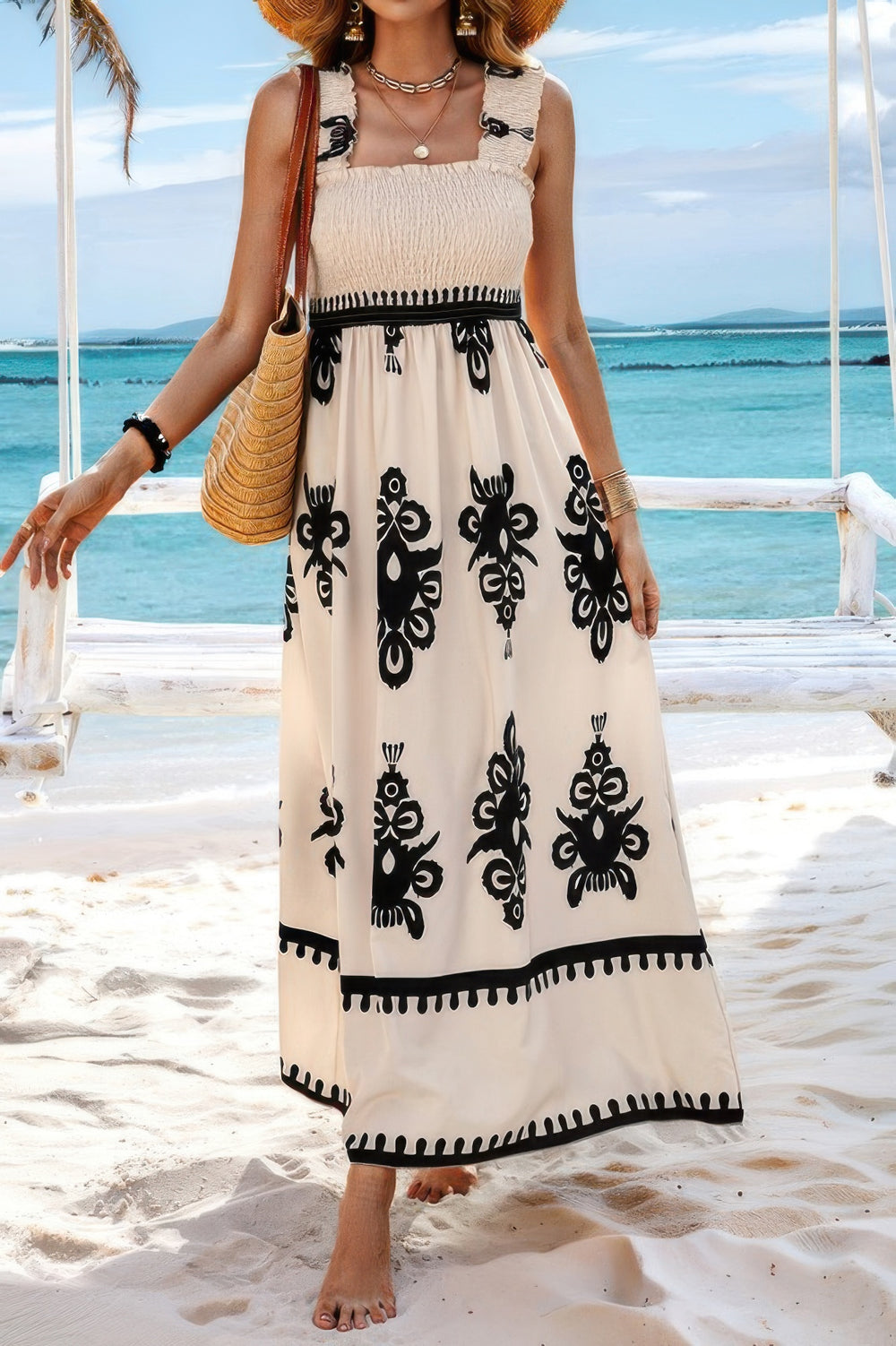 Sleeveless Square Neck A Line Smocked Shirred Dress Beige Maxi Dresses