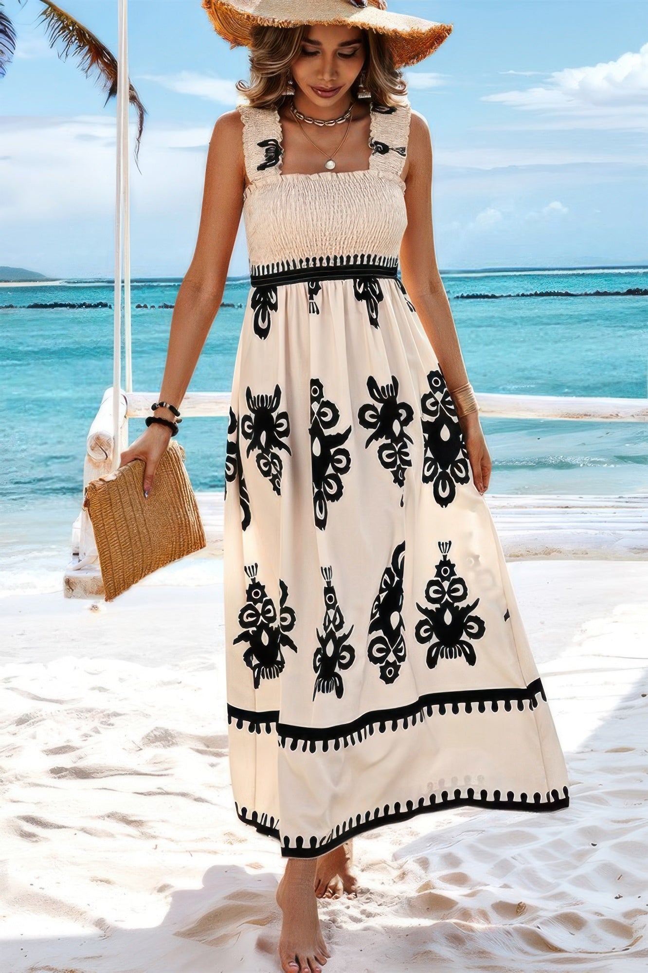 Sleeveless Square Neck A Line Smocked Shirred Dress Maxi Dresses