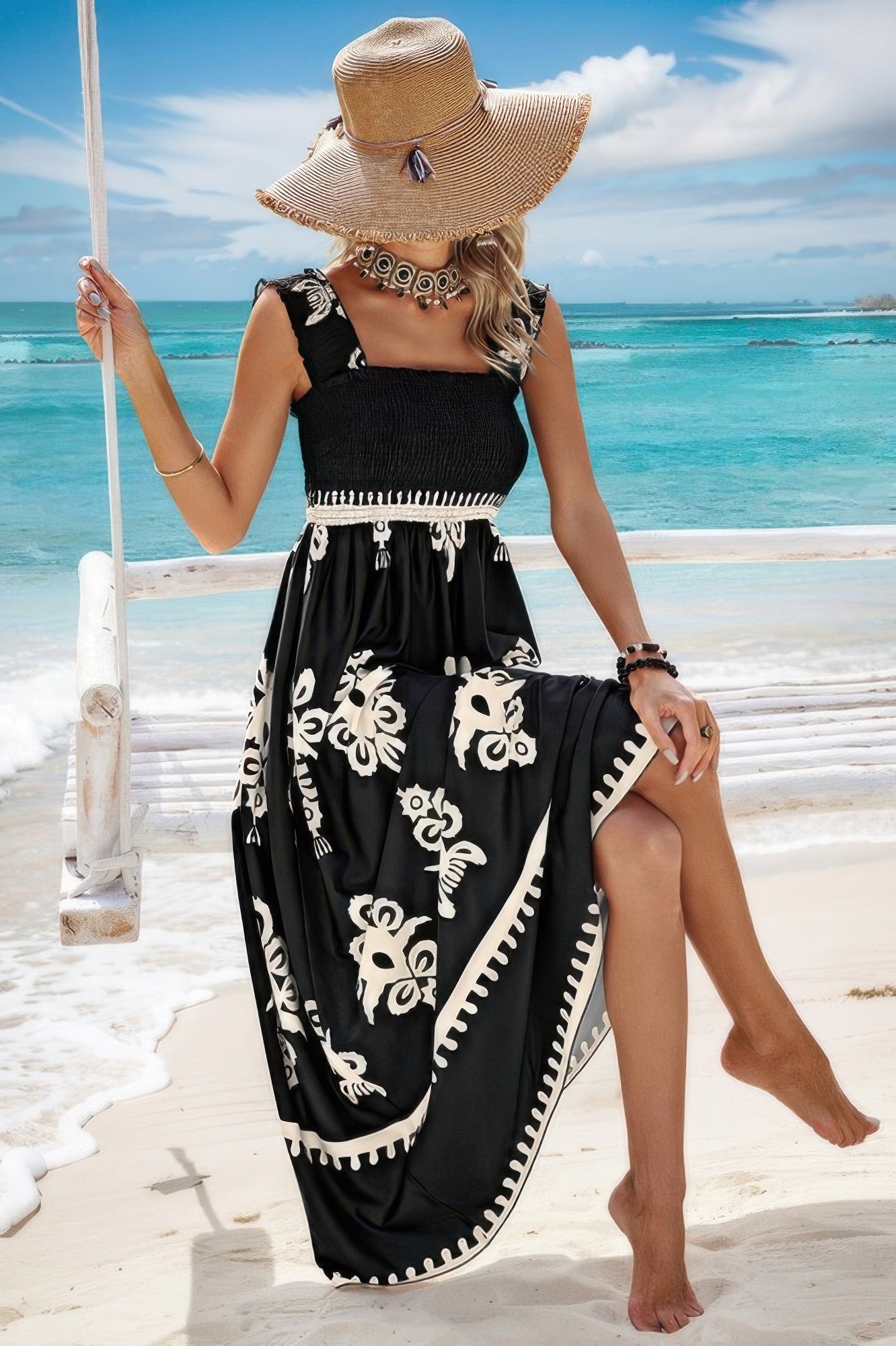 Sleeveless Square Neck A Line Smocked Shirred Dress Black Maxi Dresses