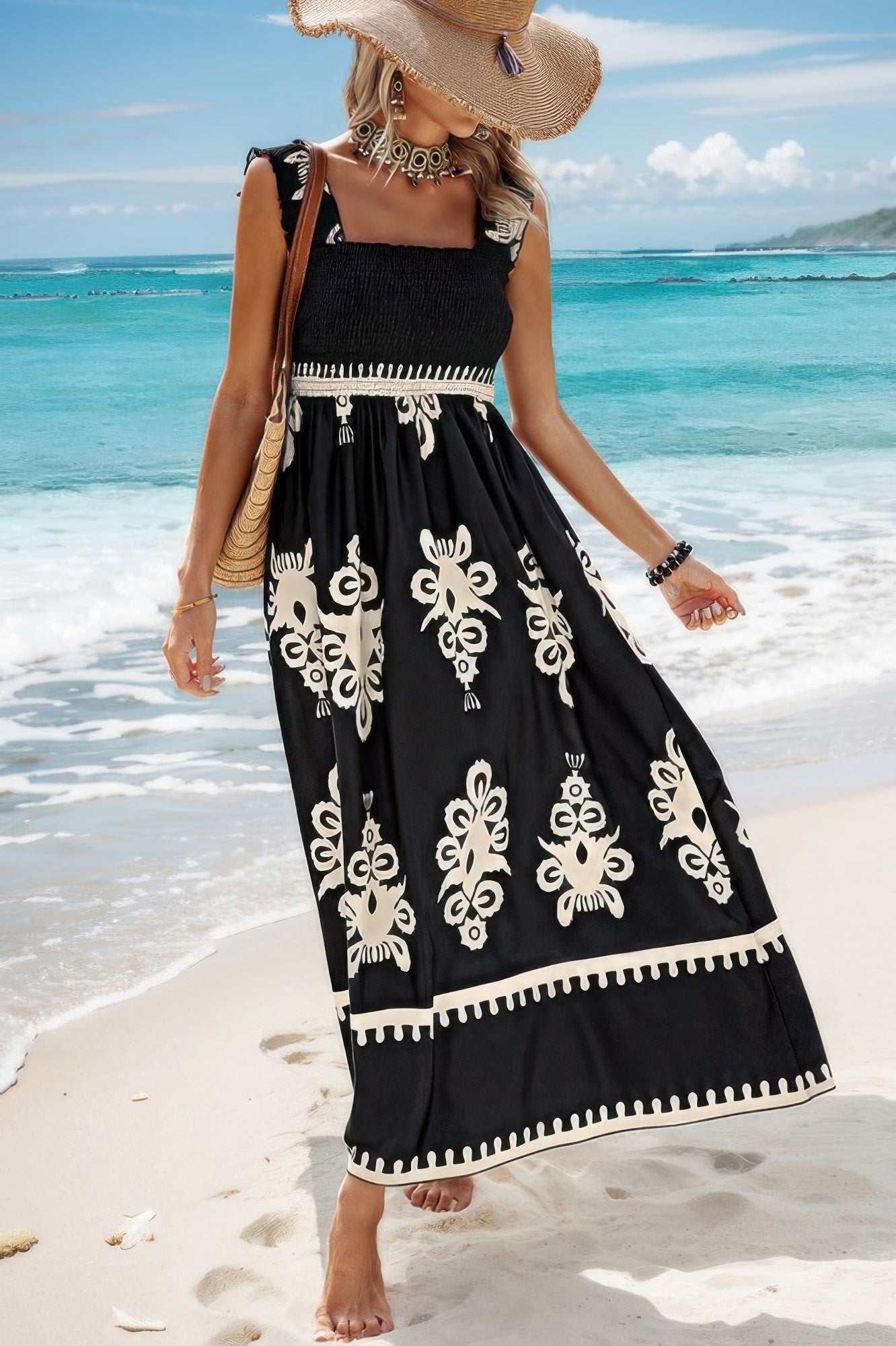 Sleeveless Square Neck A Line Smocked Shirred Dress Maxi Dresses