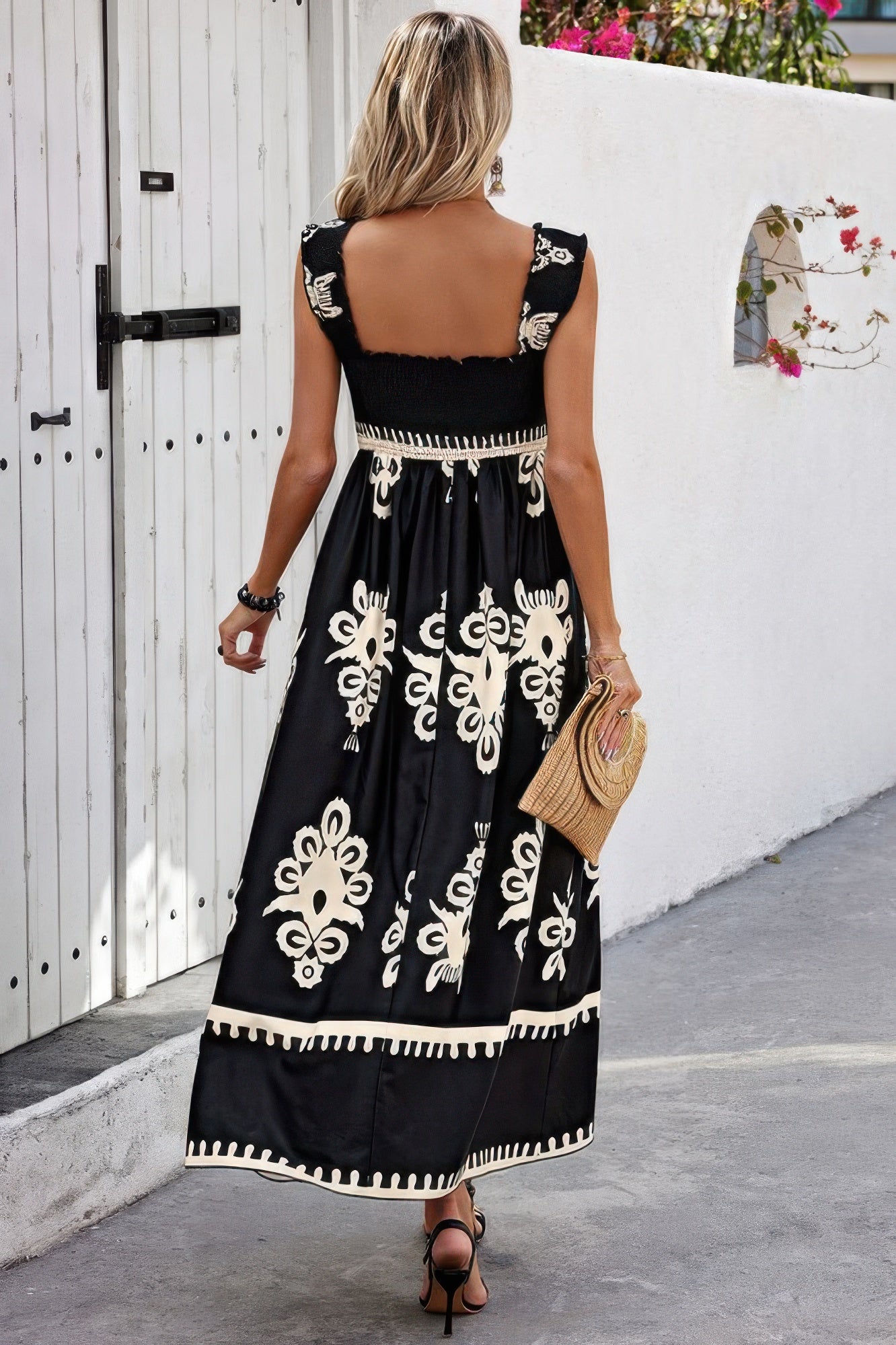 Sleeveless Square Neck A Line Smocked Shirred Dress Maxi Dresses