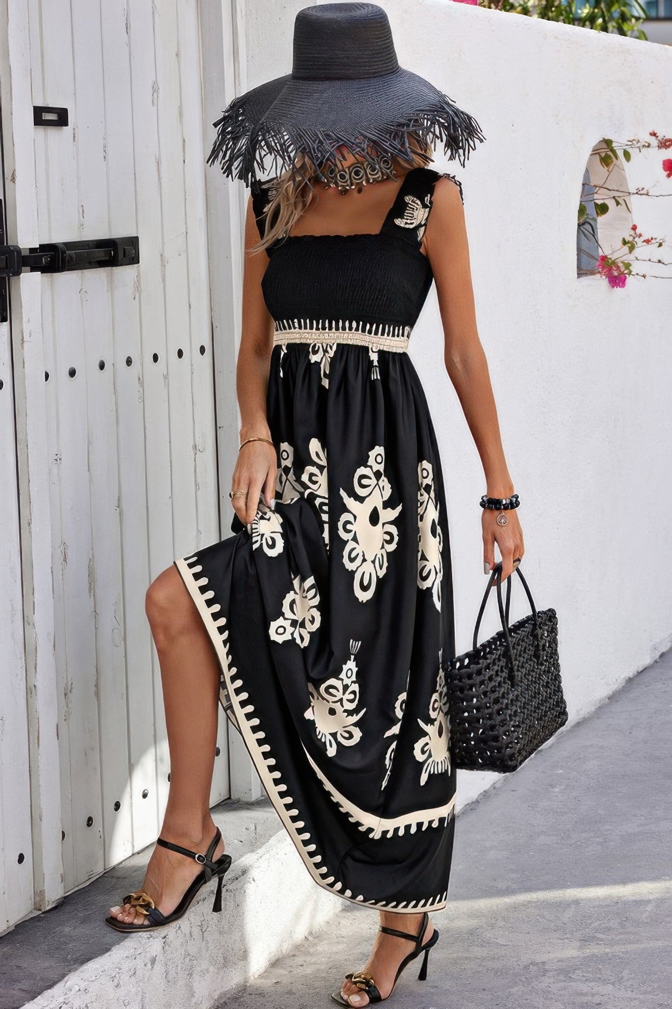 Sleeveless Square Neck A Line Smocked Shirred Dress Maxi Dresses