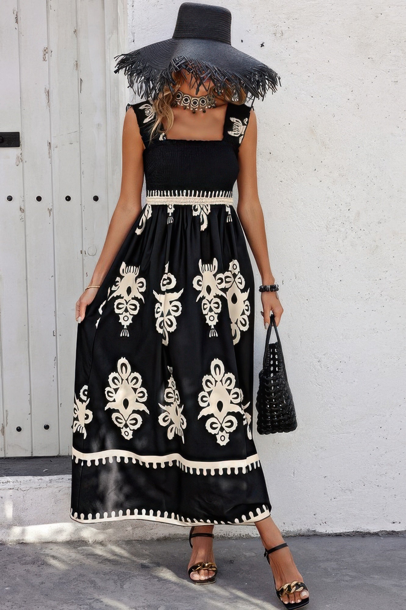 Sleeveless Square Neck A Line Smocked Shirred Dress Maxi Dresses
