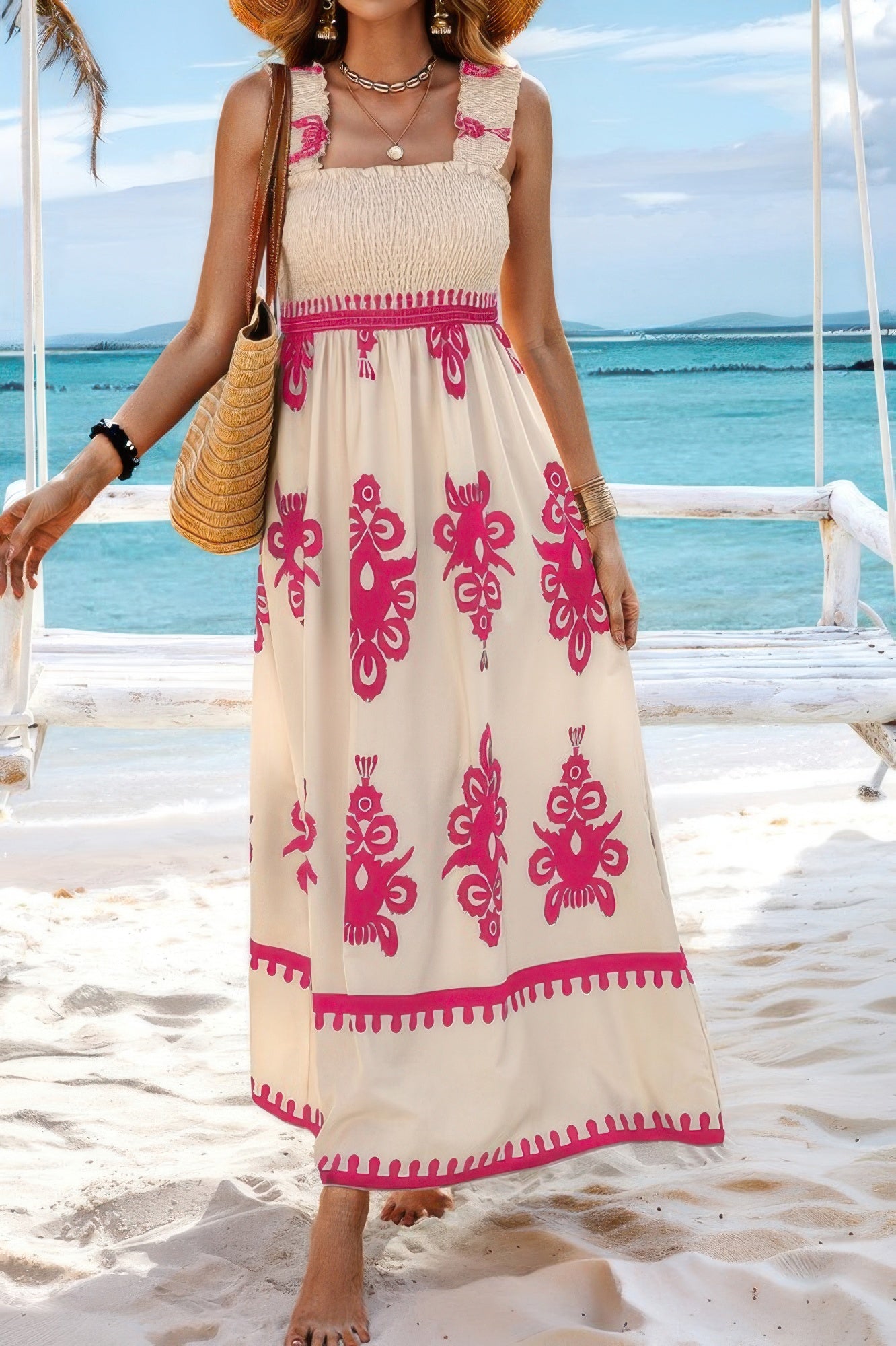 Sleeveless Square Neck A Line Smocked Shirred Dress Fuchsia Maxi Dresses