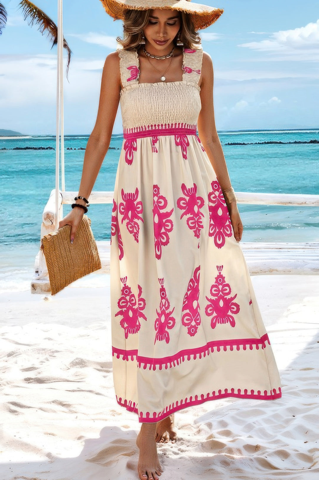 Sleeveless Square Neck A Line Smocked Shirred Dress Maxi Dresses