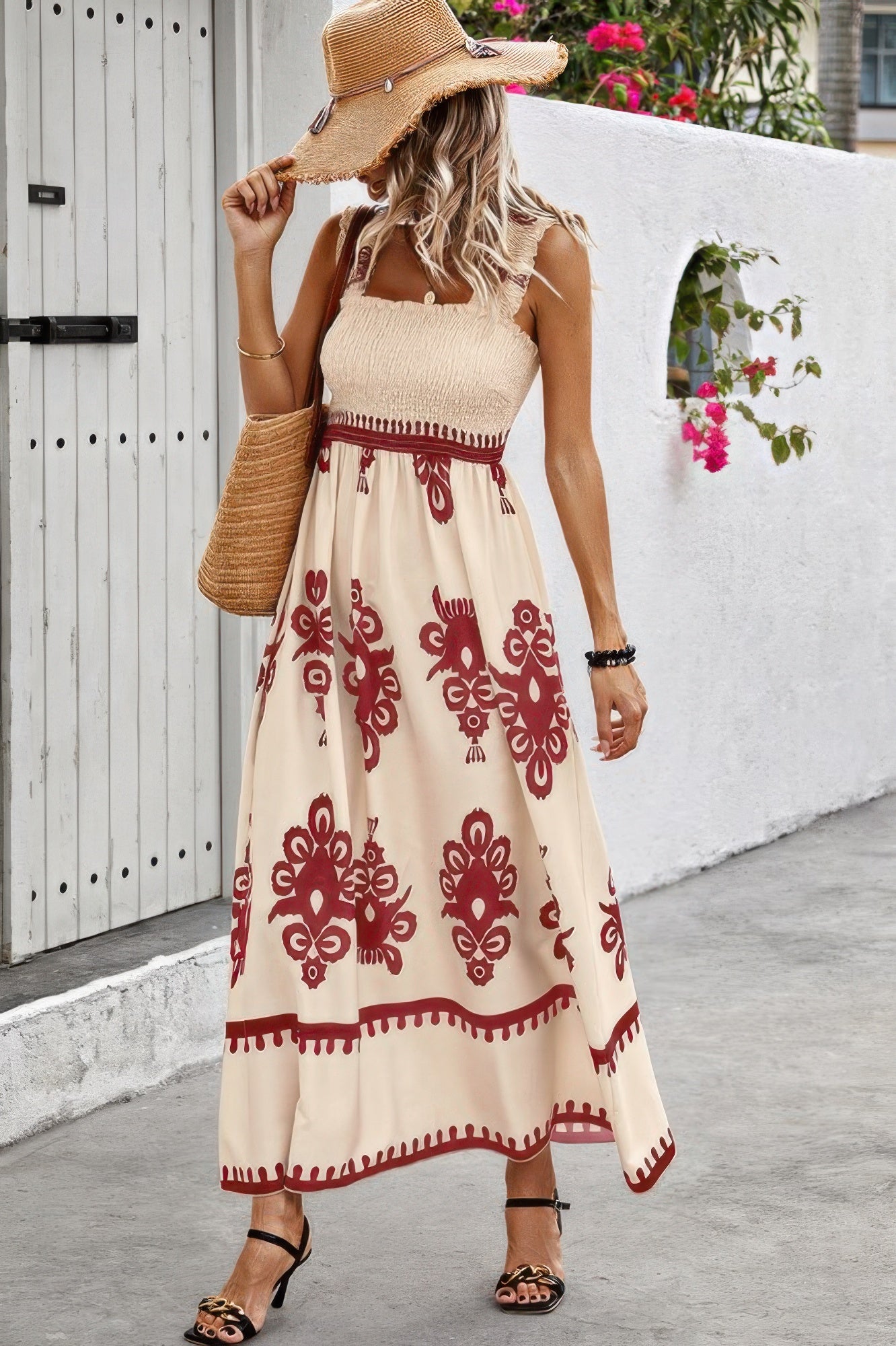 Sleeveless Square Neck A Line Smocked Shirred Dress Wine Maxi Dresses