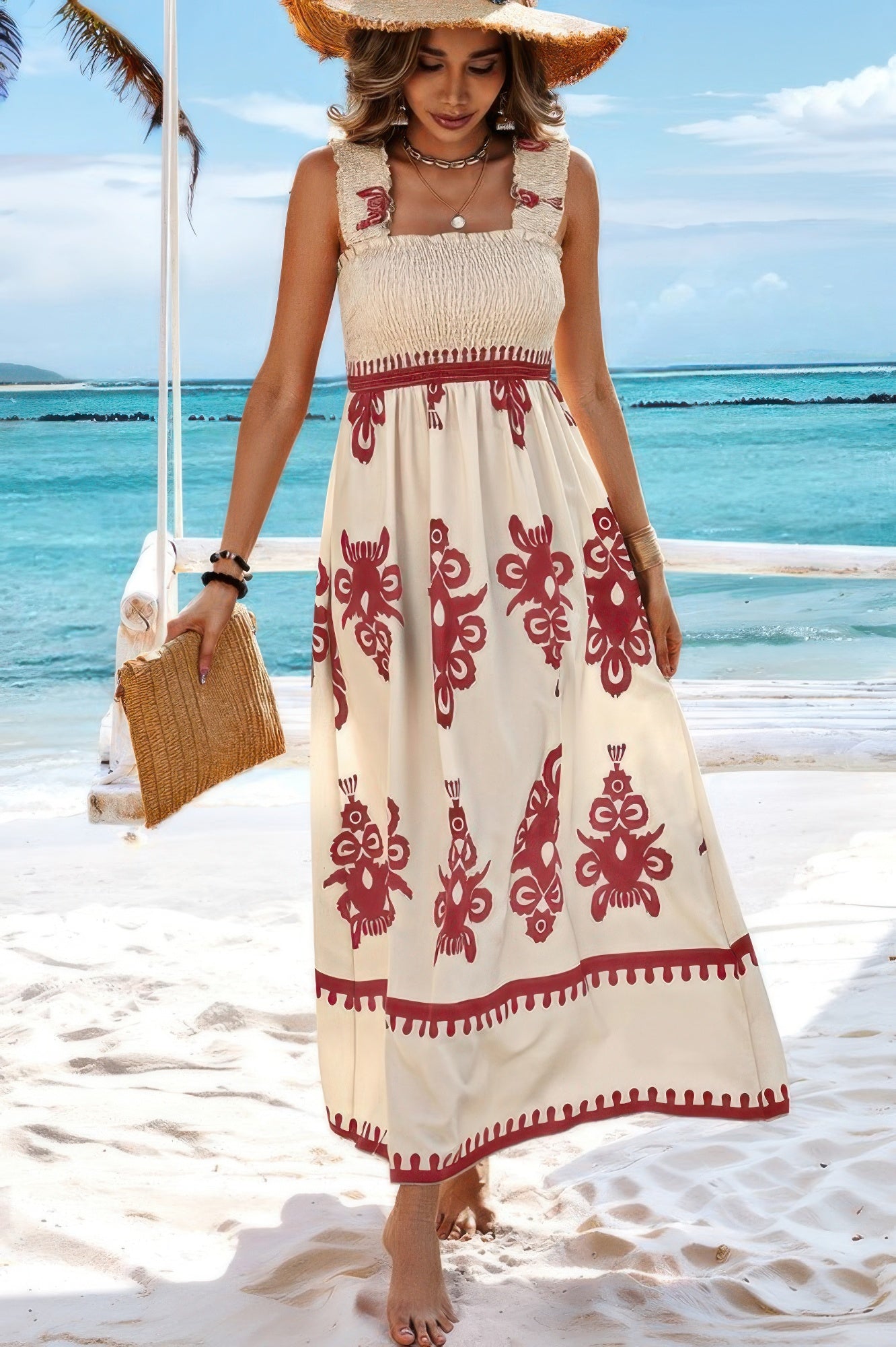 Sleeveless Square Neck A Line Smocked Shirred Dress Maxi Dresses