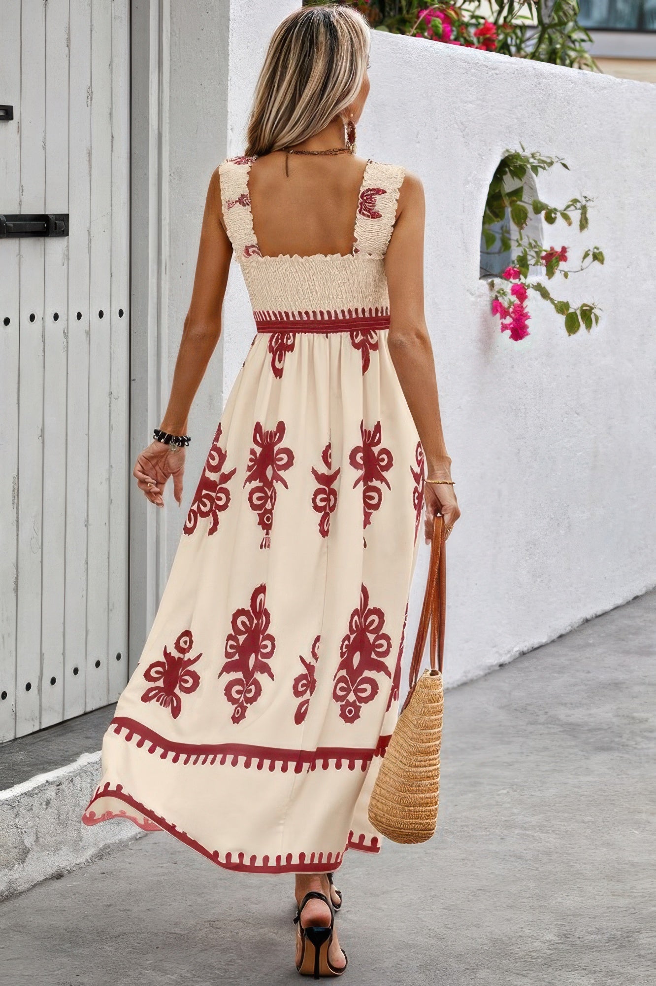 Sleeveless Square Neck A Line Smocked Shirred Dress Maxi Dresses