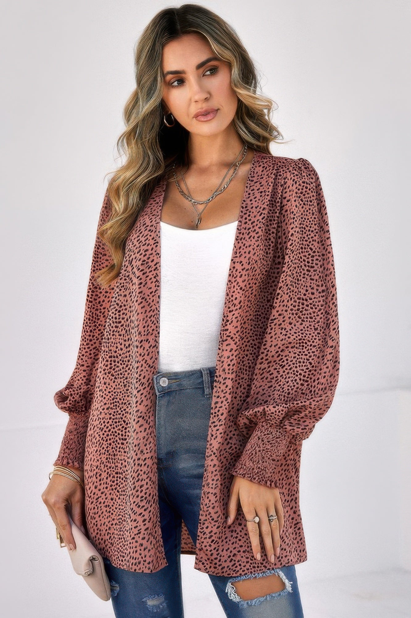 Front Open Leopard Print Loose Fit Top Rust Tops