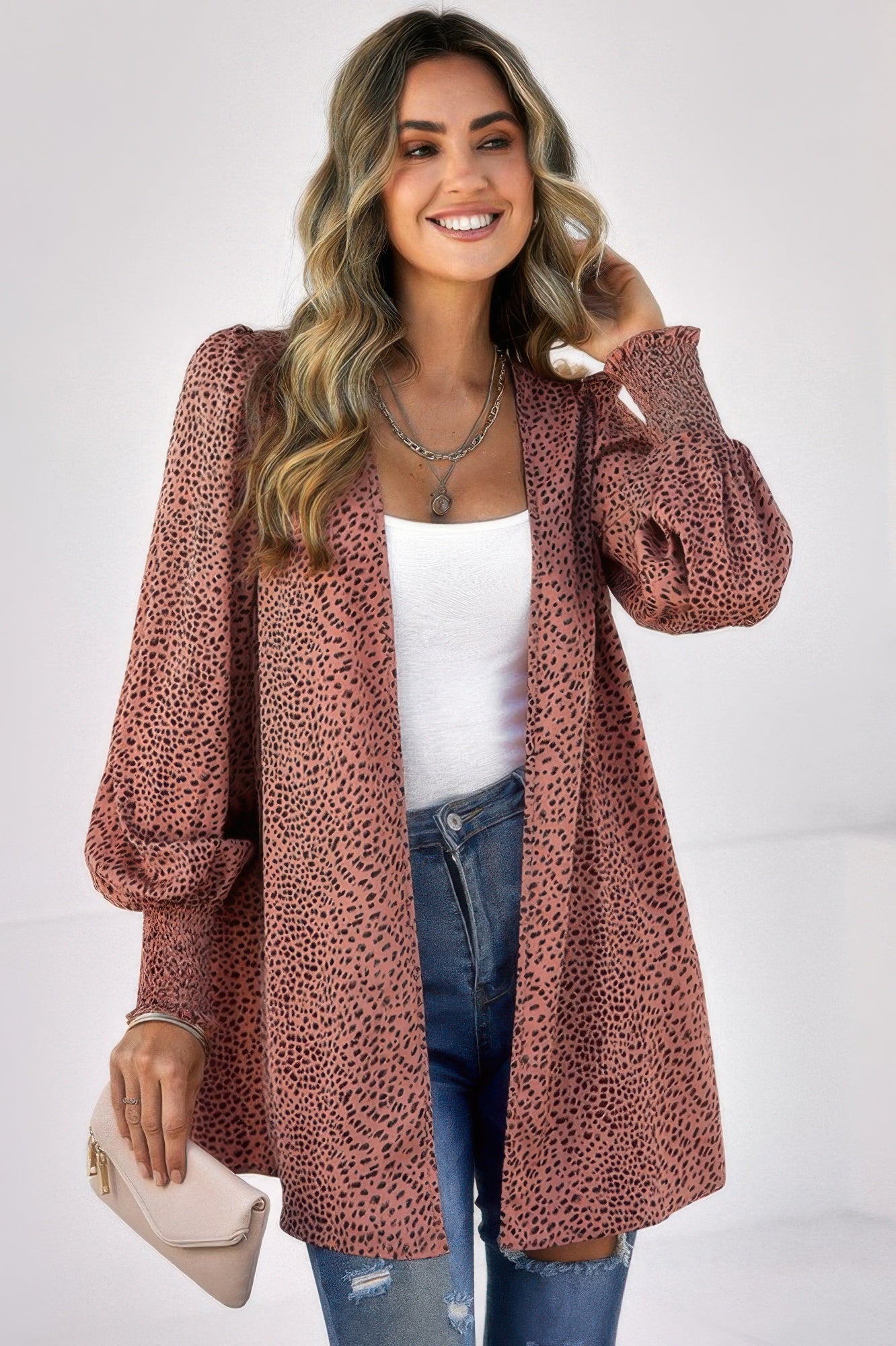 Front Open Leopard Print Loose Fit Top Tops