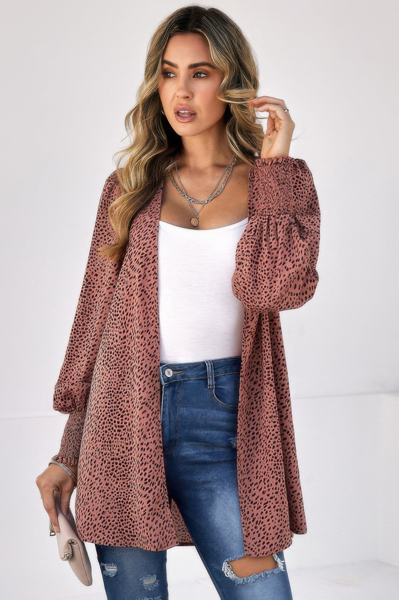 Front Open Leopard Print Loose Fit Top Tops