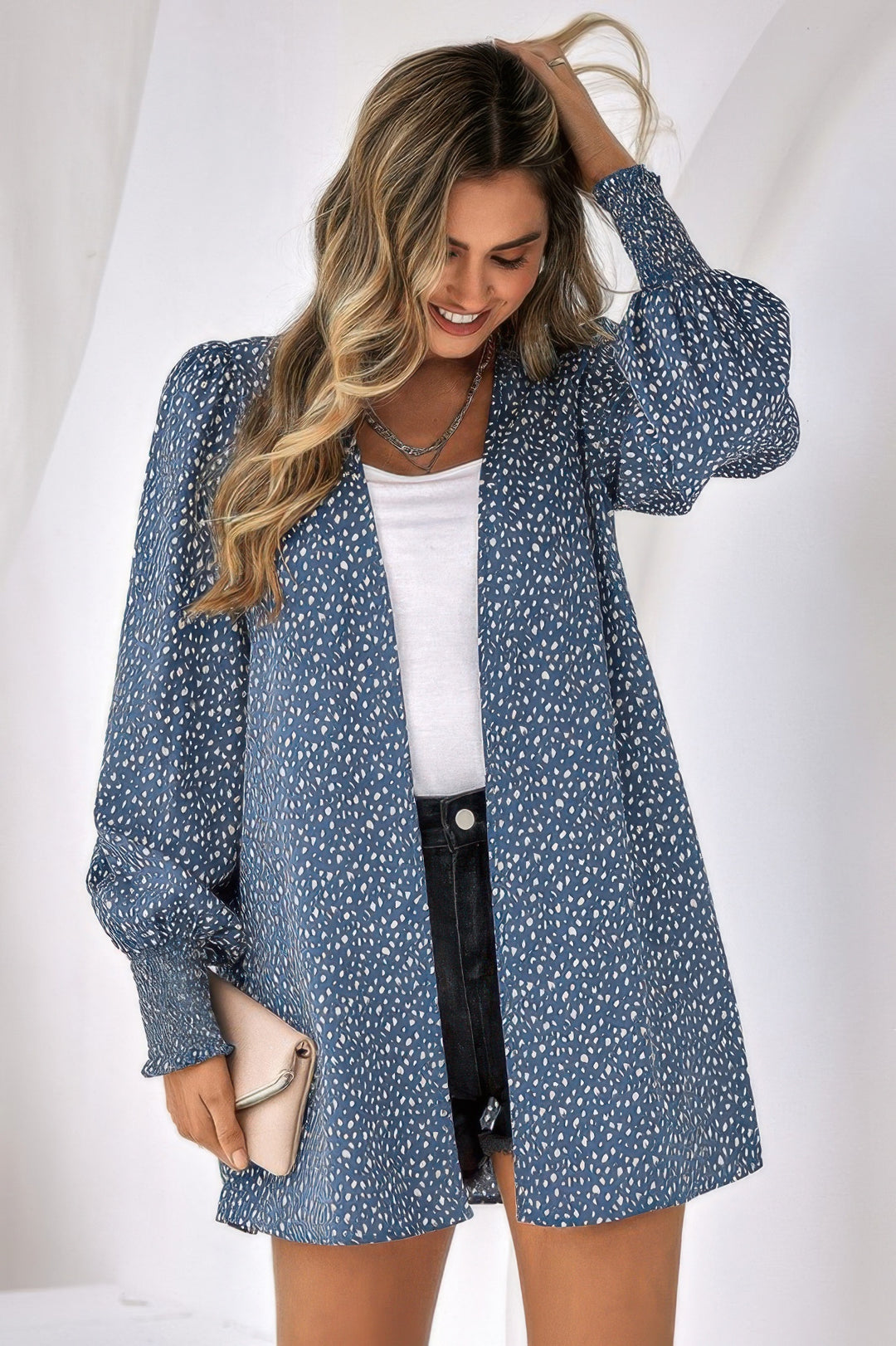 Front Open Leopard Print Loose Fit Top Blue Tops