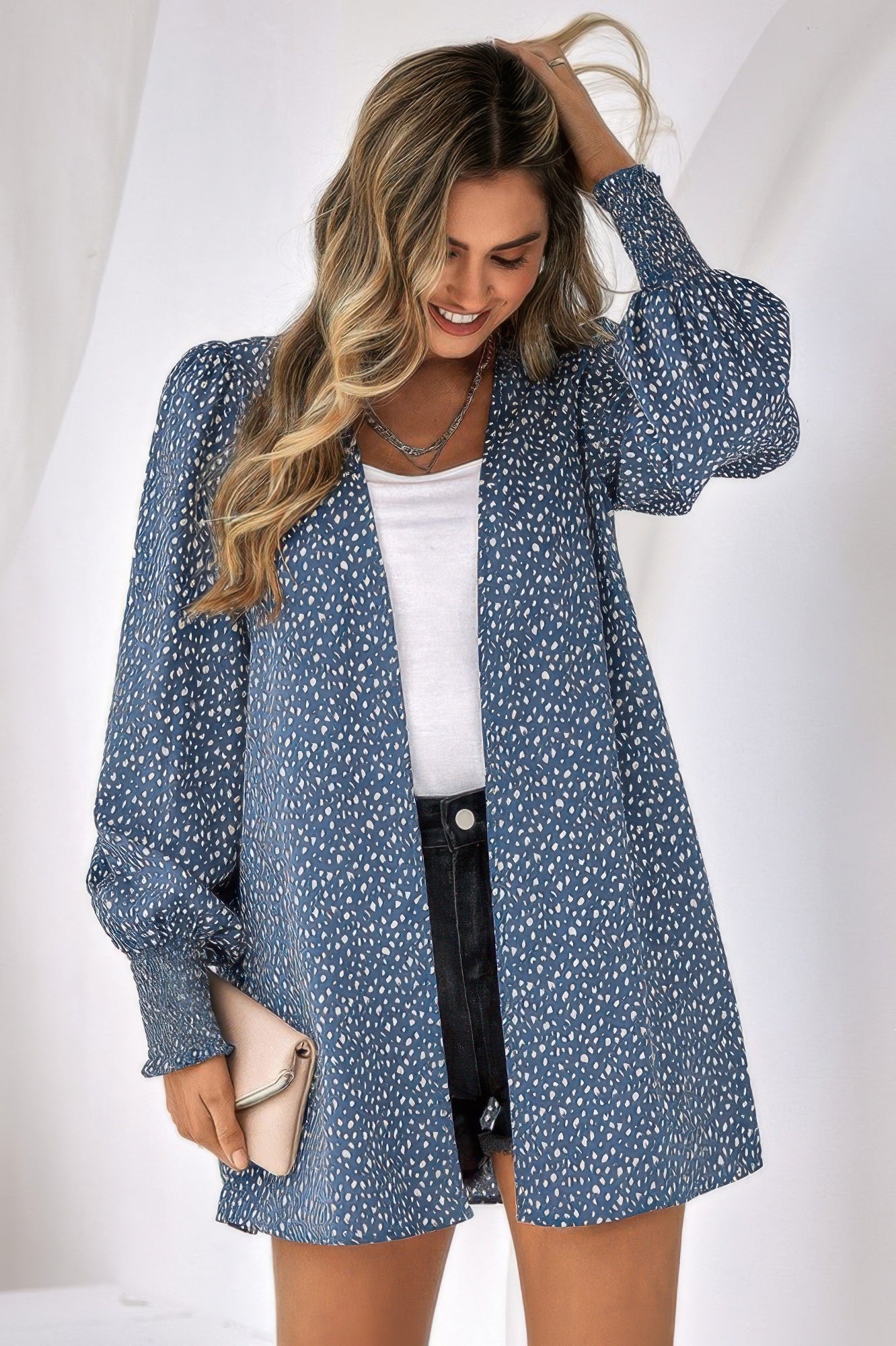 Front Open Leopard Print Loose Fit Top Blue Tops