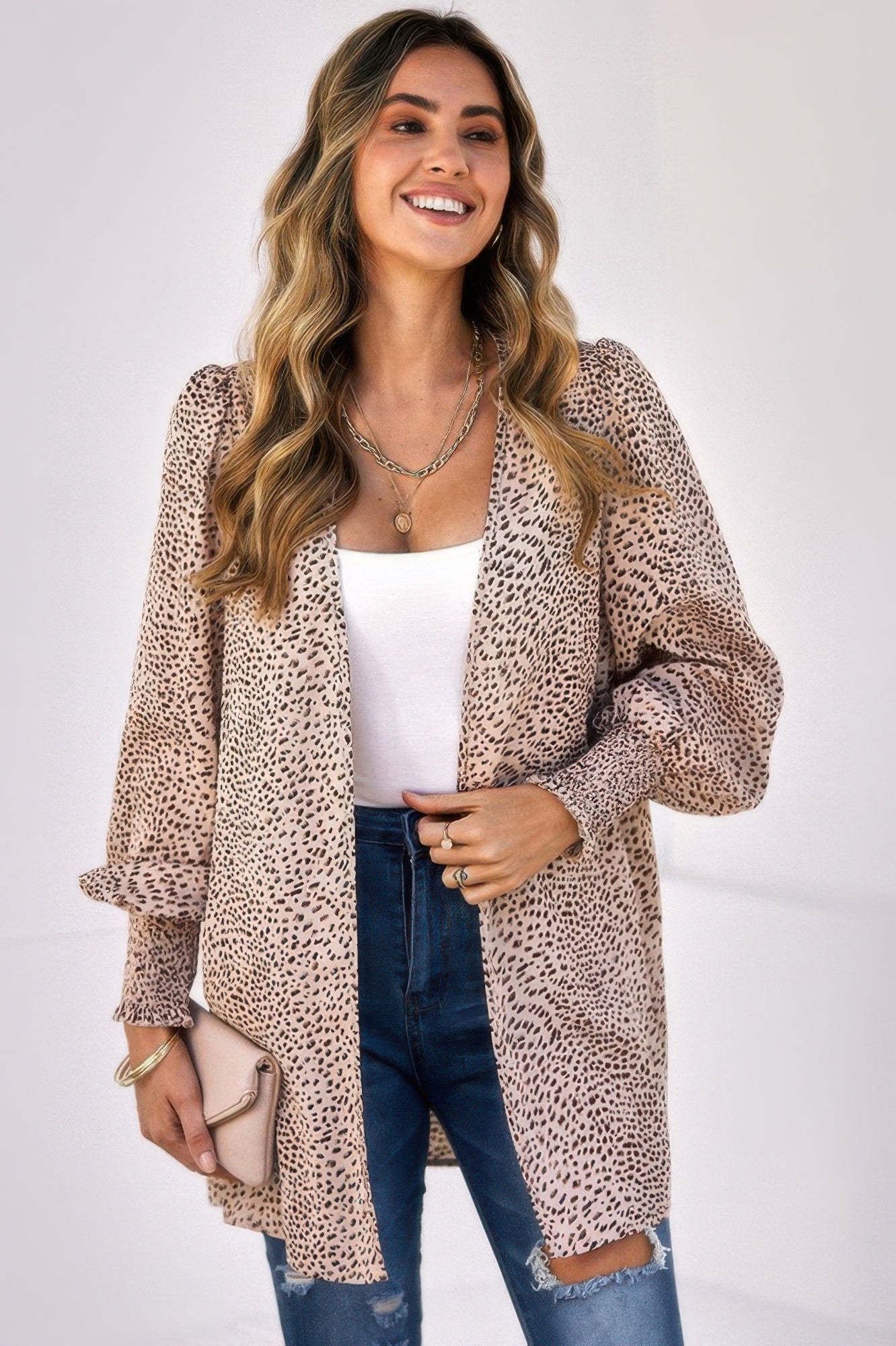 Front Open Leopard Print Loose Fit Top Tops