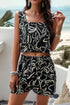 Allover Print Sleeveless Square Neck Elastic Sets Black