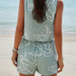 Allover Print Sleeveless Square Neck Elastic Sets Lake Green