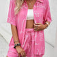 Allover Print Elastic Shorts Two Pieces Button Set Fuchsia