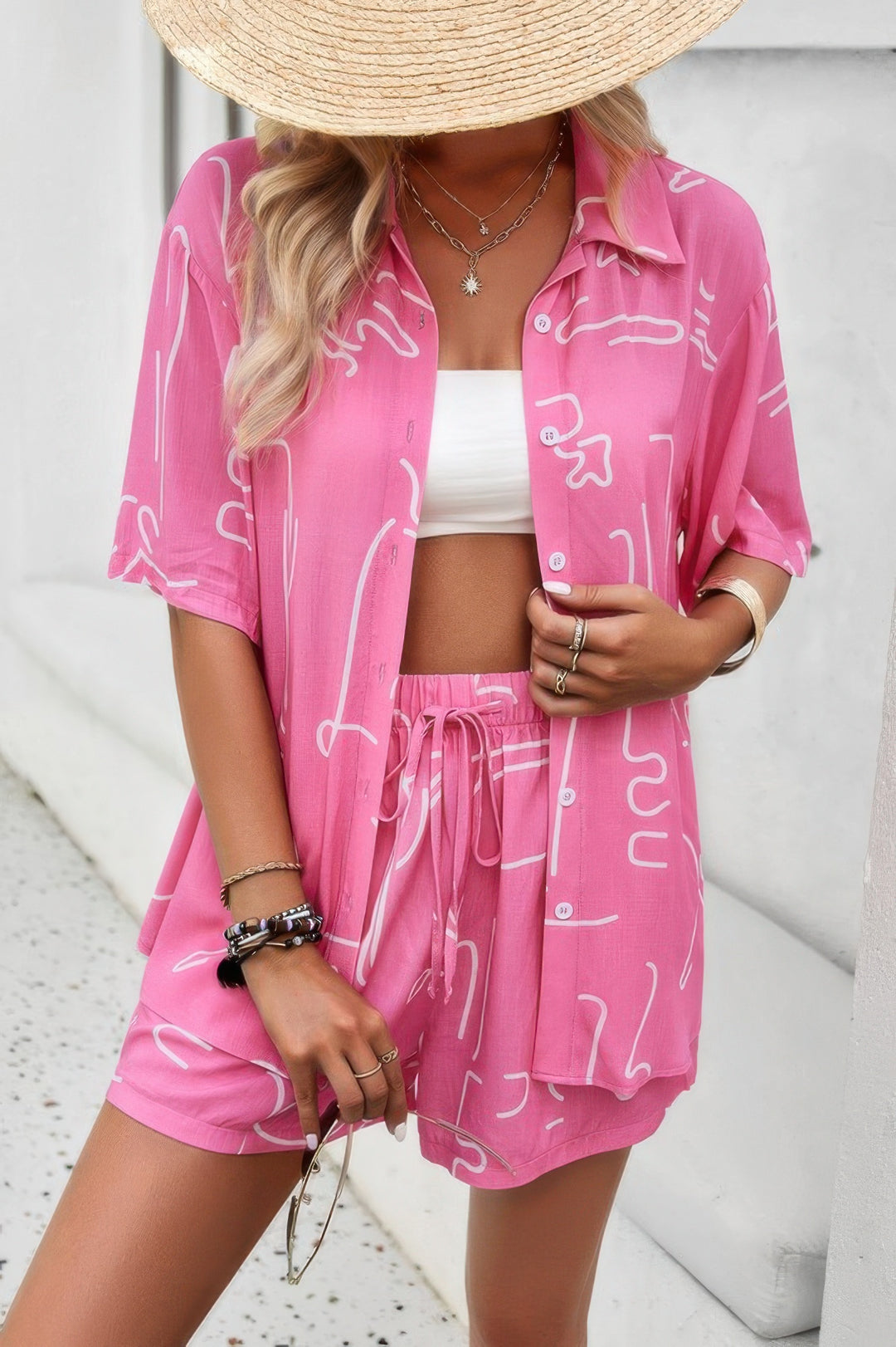 Allover Print Elastic Shorts Two Pieces Button Set Fuchsia