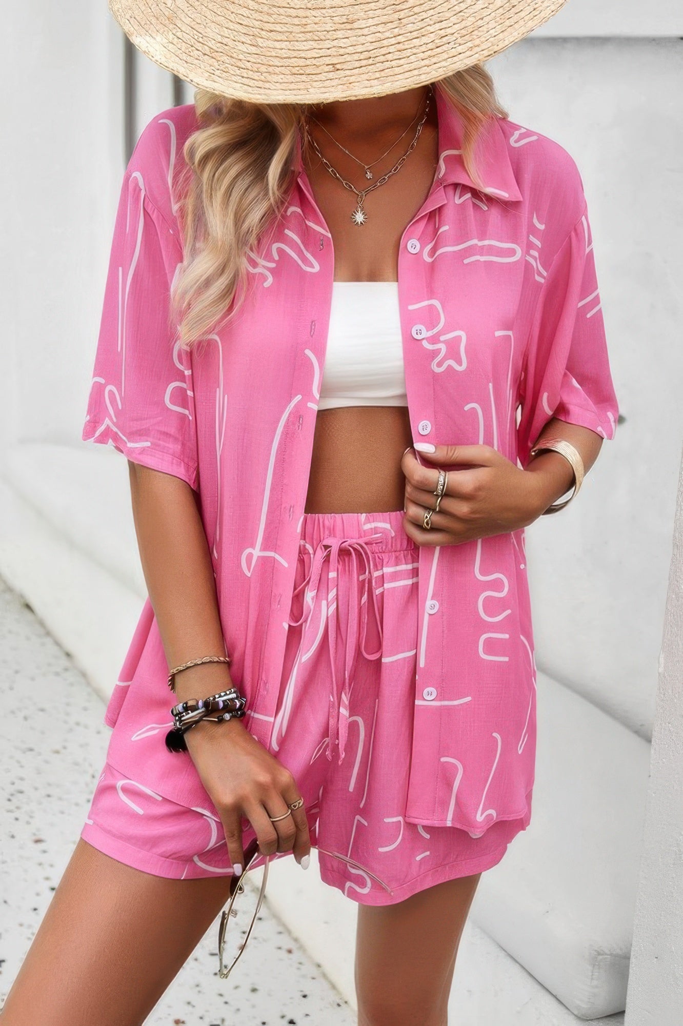 Allover Print Elastic Shorts Two Pieces Button Set Fuchsia