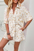 Allover Print Elastic Shorts Two Pieces Button Set Beige